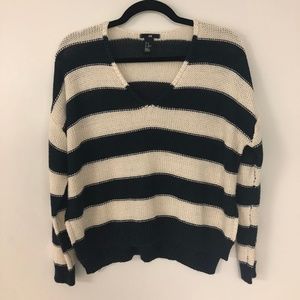 Navy Blue and White Cropped Knit Sweater